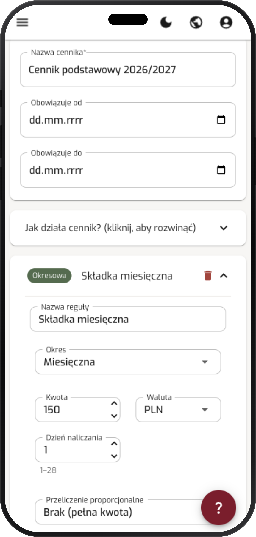 Edytor reguły cennika w Vataha — opłata okresowa, kwota, dzień naliczania